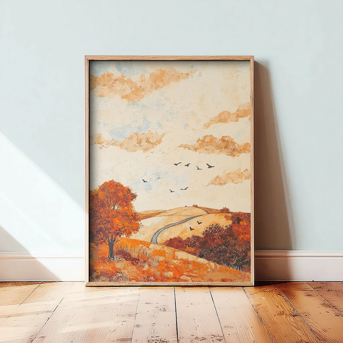 Rolling Hills Landscape Art Print - Butterfly Meadow Poster - Folk Art Painting - Persimmon Denim and Ivory 1/3