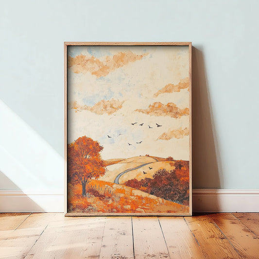 Rolling Hills Landscape Art Print - Butterfly Meadow Poster - Folk Art Painting - Persimmon Denim and Ivory 1/3