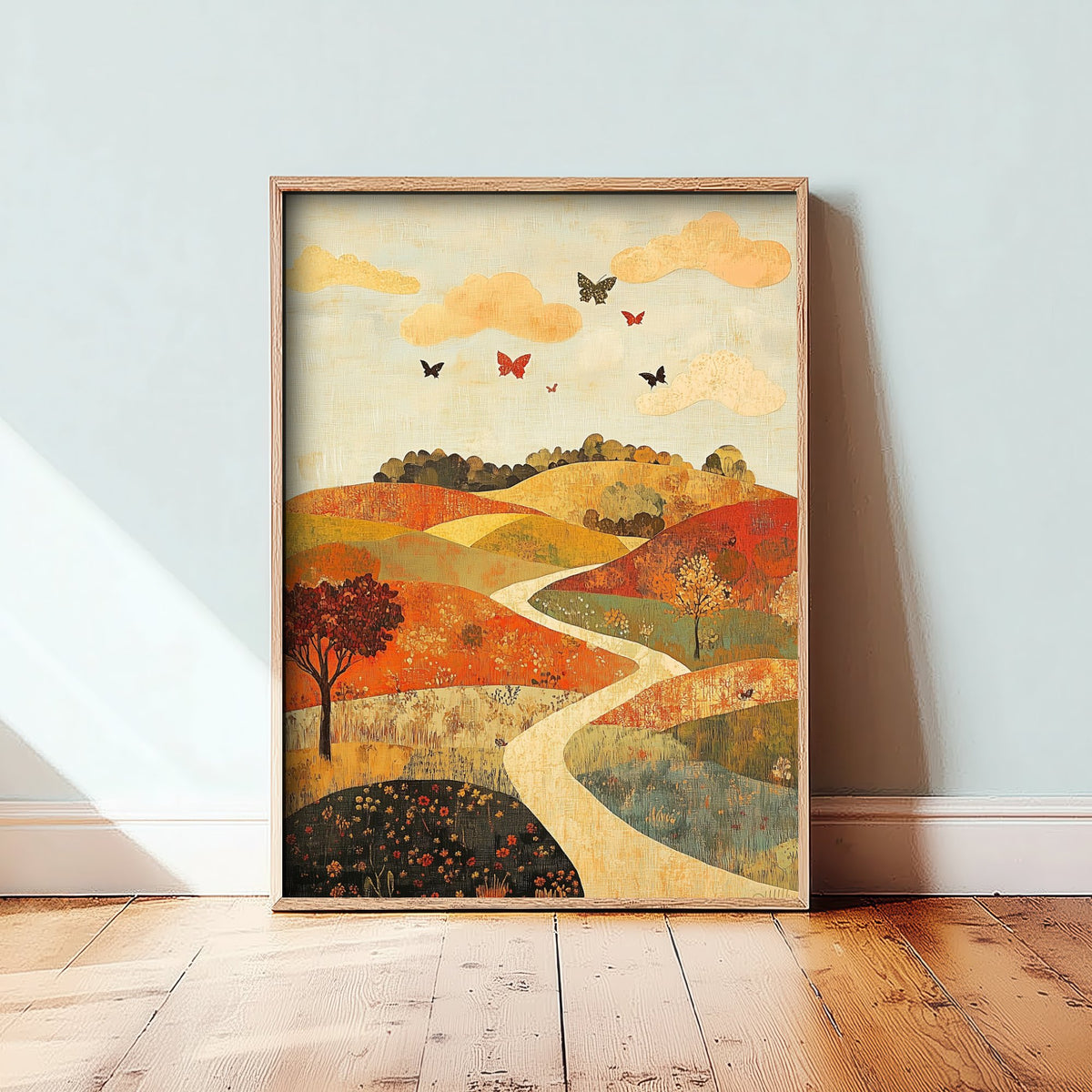 Rolling Hills Landscape Art Print - Butterfly Meadow Poster - Folk Art Painting - Persimmon Denim and Ivory 2/3