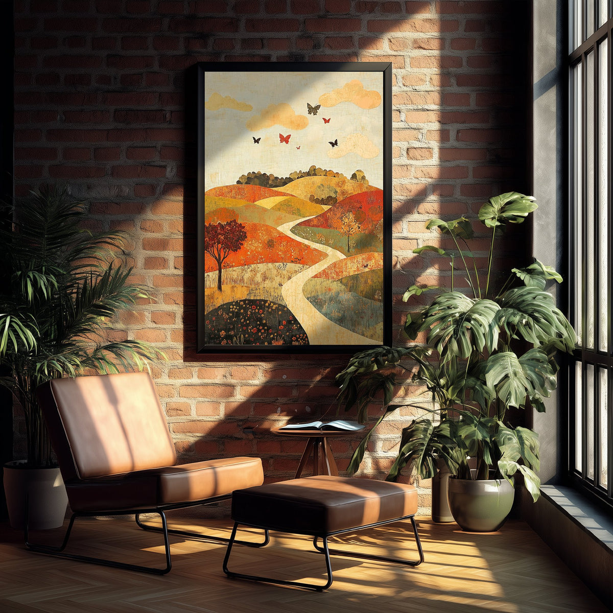 Rolling Hills Landscape Art Print - Butterfly Meadow Poster - Folk Art Painting - Persimmon Denim and Ivory 2/3