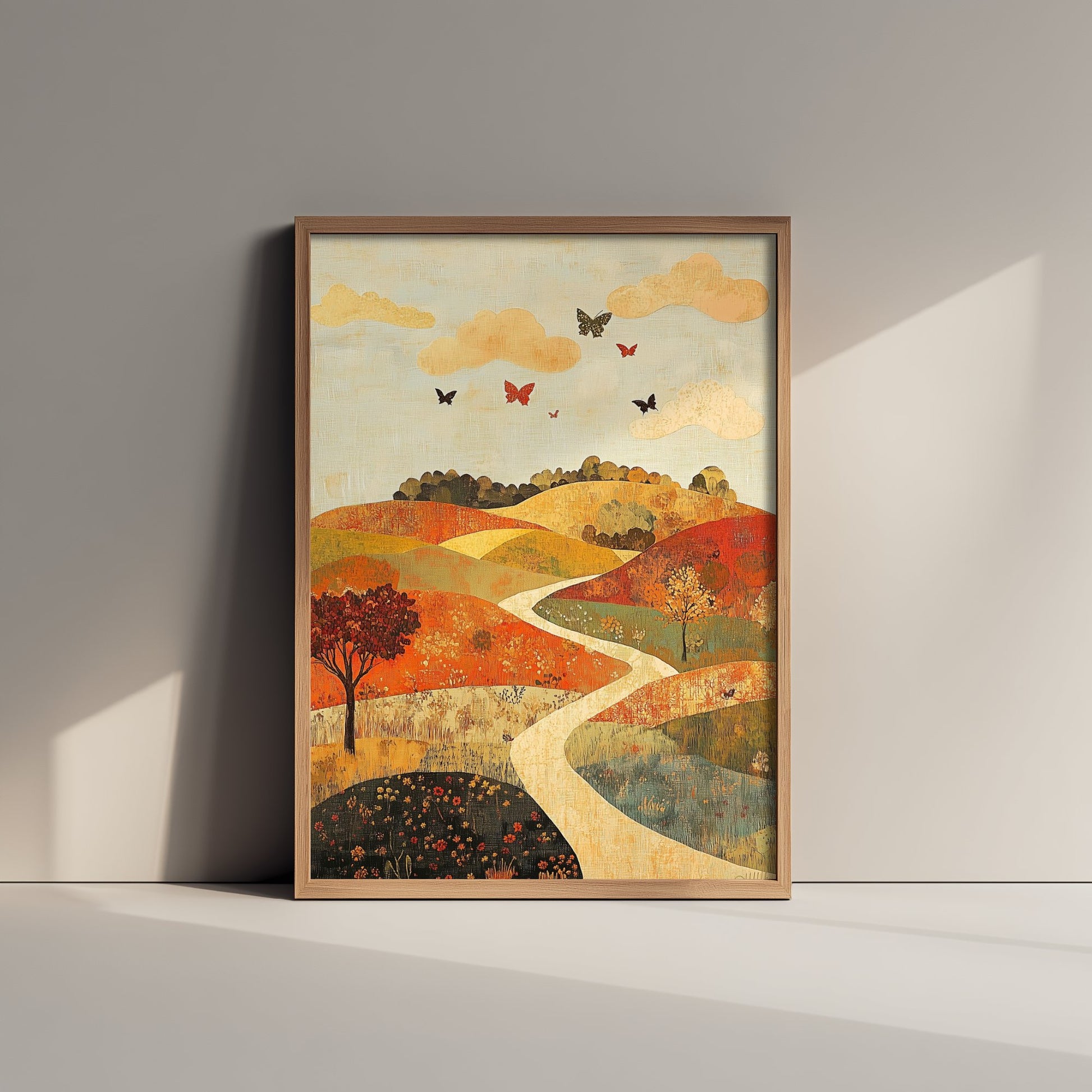 Rolling Hills Landscape Art Print - Butterfly Meadow Poster - Folk Art Painting - Persimmon Denim and Ivory 2/3