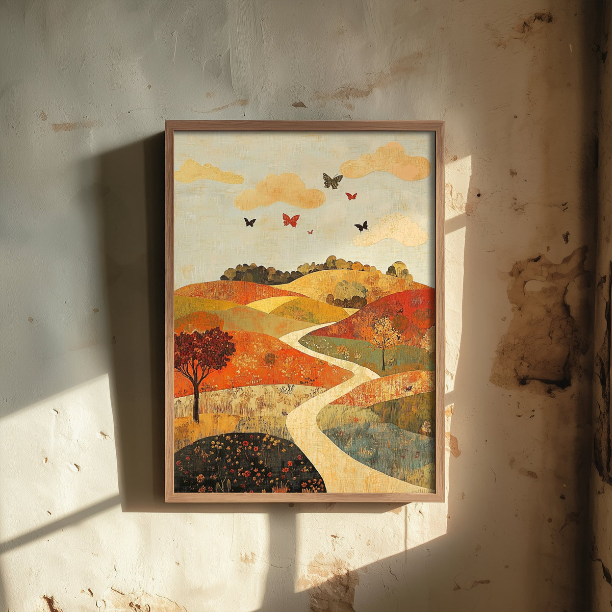 Rolling Hills Landscape Art Print - Butterfly Meadow Poster - Folk Art Painting - Persimmon Denim and Ivory 2/3