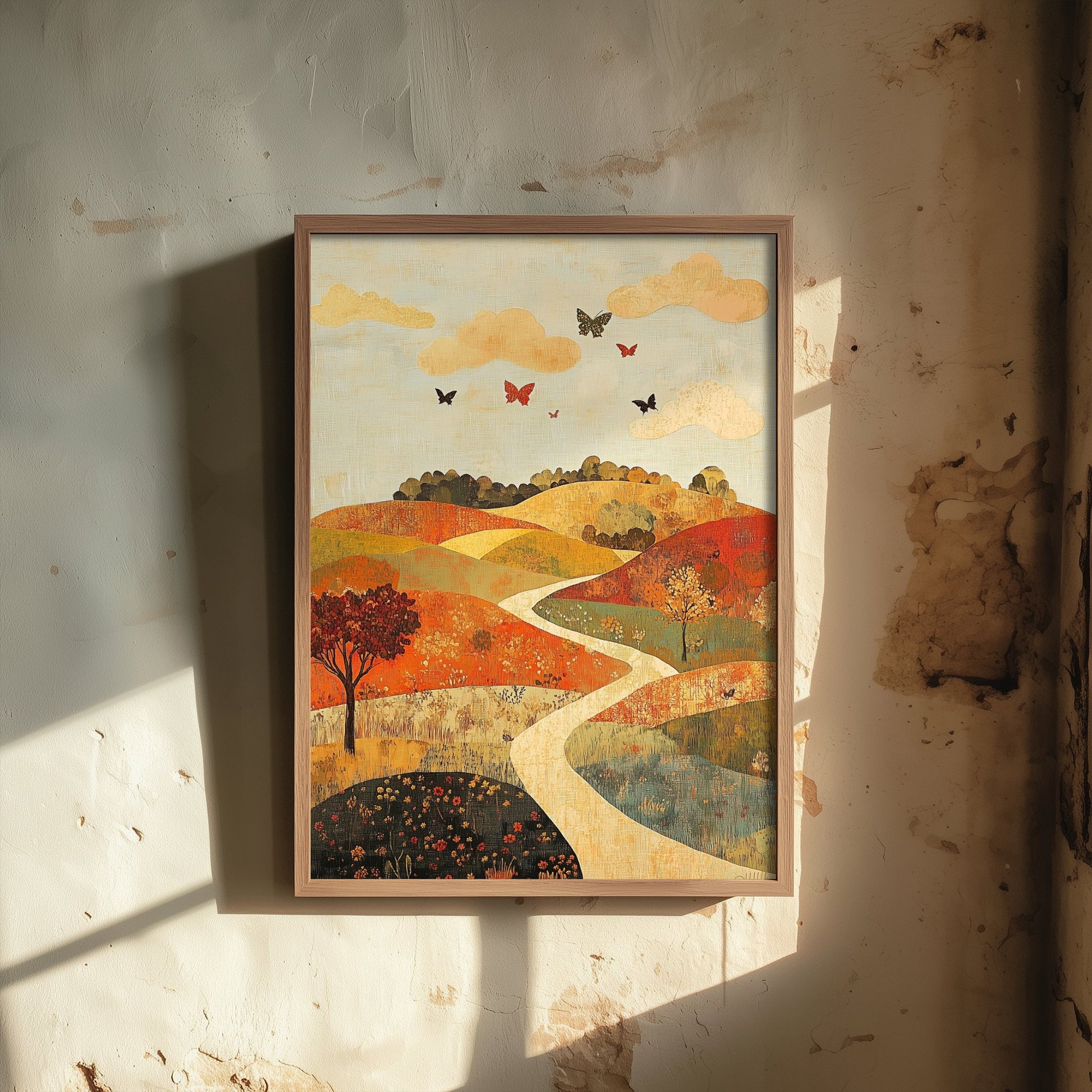 Rolling Hills Landscape Art Print - Butterfly Meadow Poster - Folk Art Painting - Persimmon Denim and Ivory 2/3