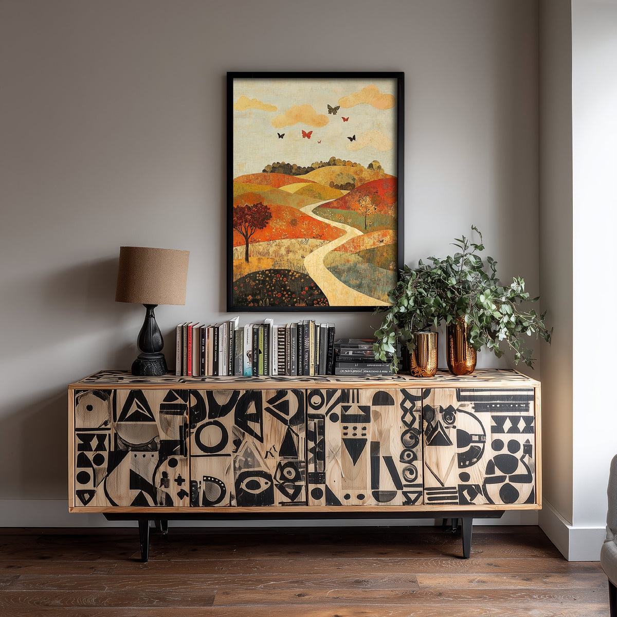 Rolling Hills Landscape Art Print - Butterfly Meadow Poster - Folk Art Painting - Persimmon Denim and Ivory 2/3