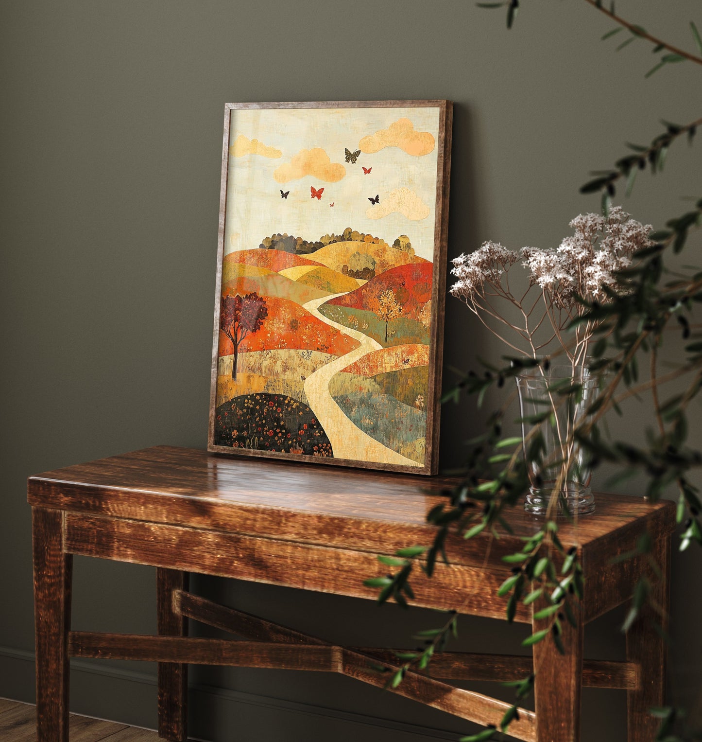 Rolling Hills Landscape Art Print - Butterfly Meadow Poster - Folk Art Painting - Persimmon Denim and Ivory 2/3