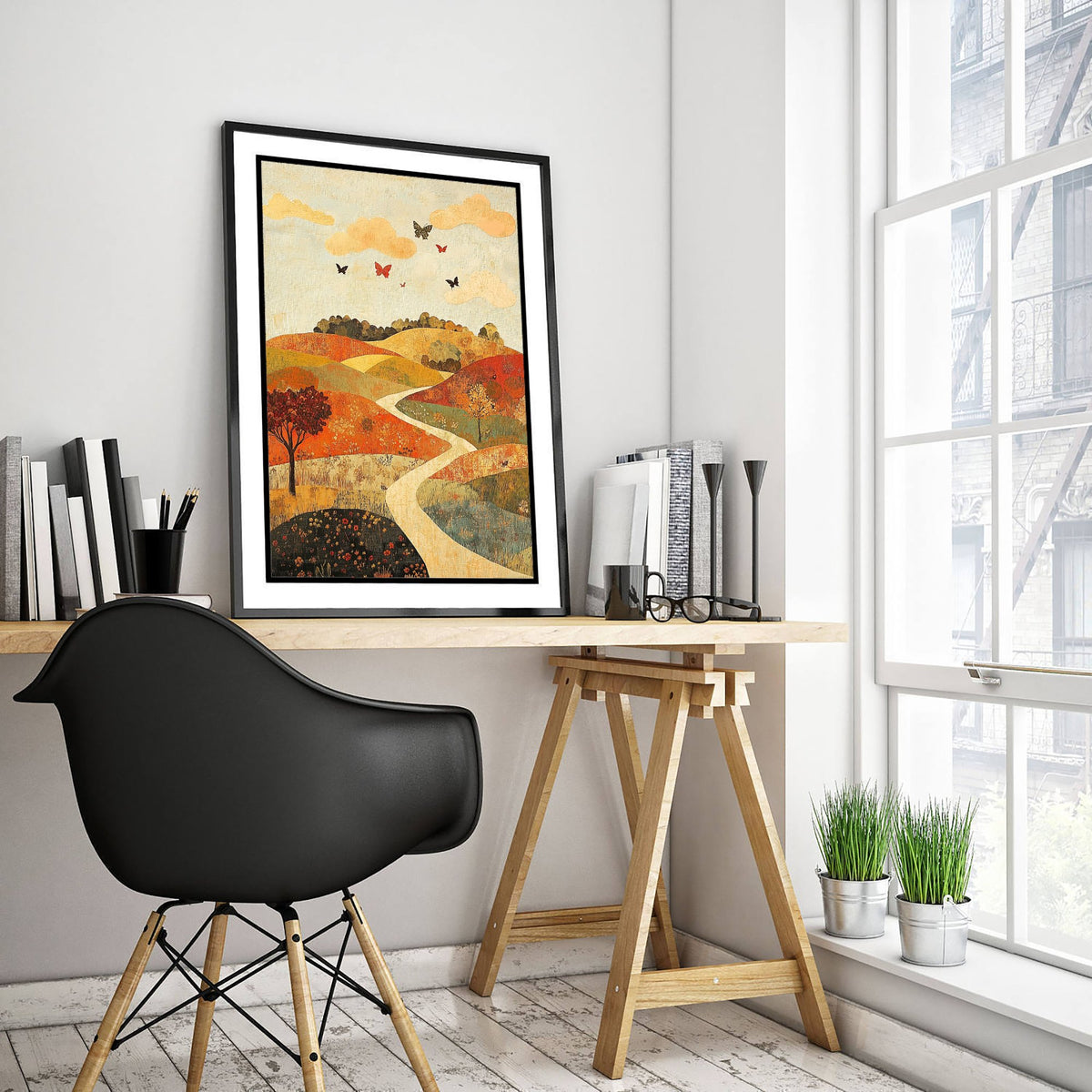 Rolling Hills Landscape Art Print - Butterfly Meadow Poster - Folk Art Painting - Persimmon Denim and Ivory 2/3