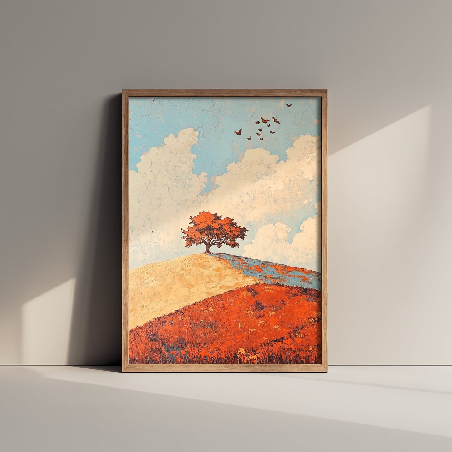 Rolling Hills Landscape Art Print - Butterfly Meadow Poster - Folk Art Painting - Persimmon Denim and Ivory 3/3