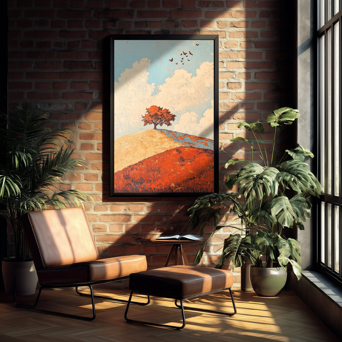 Rolling Hills Landscape Art Print - Butterfly Meadow Poster - Folk Art Painting - Persimmon Denim and Ivory 3/3