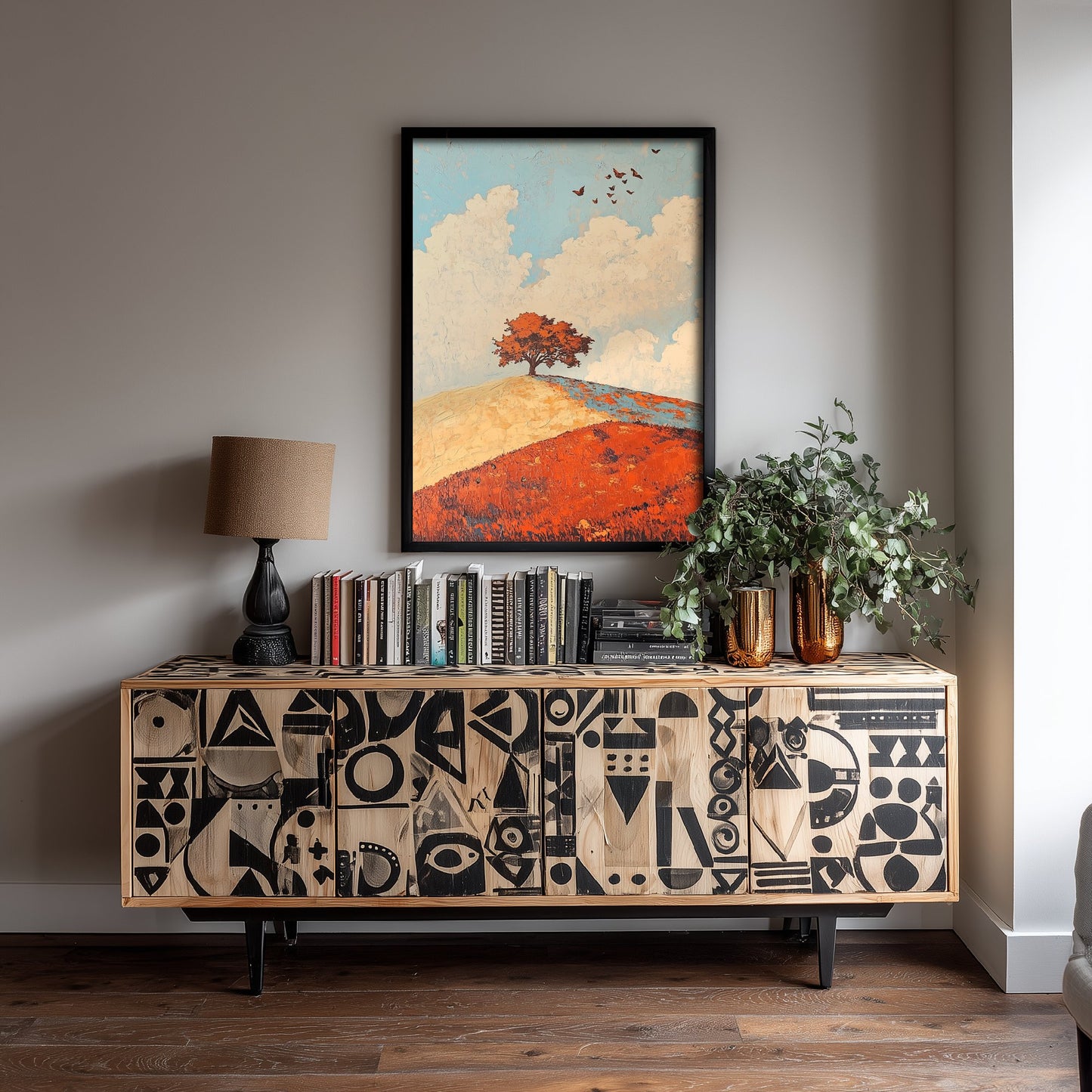 Rolling Hills Landscape Art Print - Butterfly Meadow Poster - Folk Art Painting - Persimmon Denim and Ivory 3/3