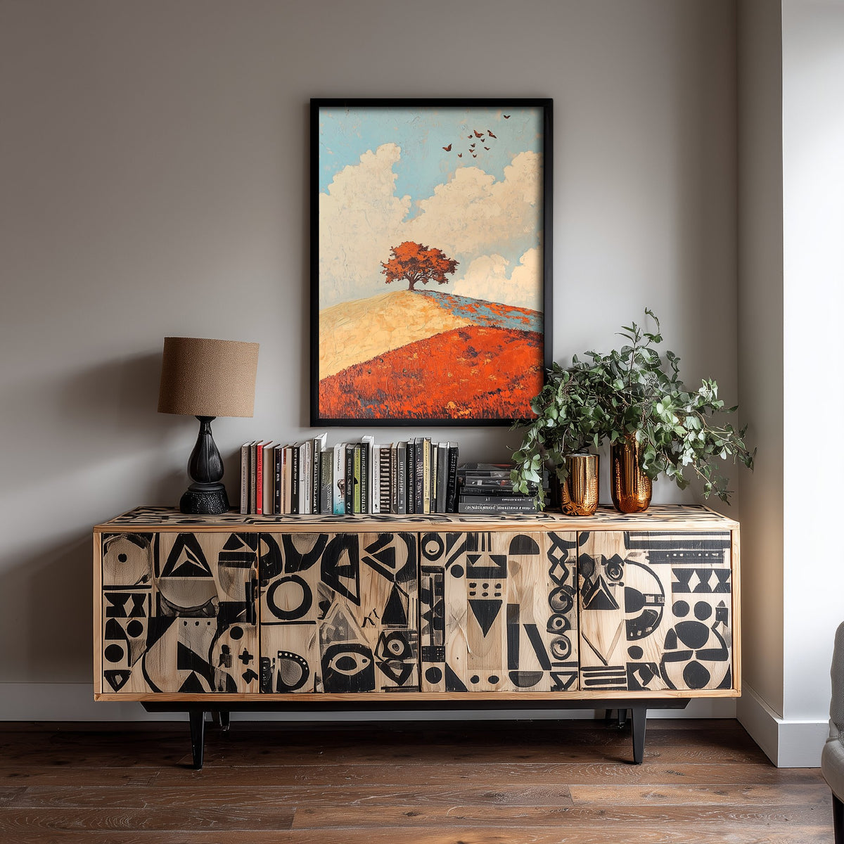 Rolling Hills Landscape Art Print - Butterfly Meadow Poster - Folk Art Painting - Persimmon Denim and Ivory 3/3