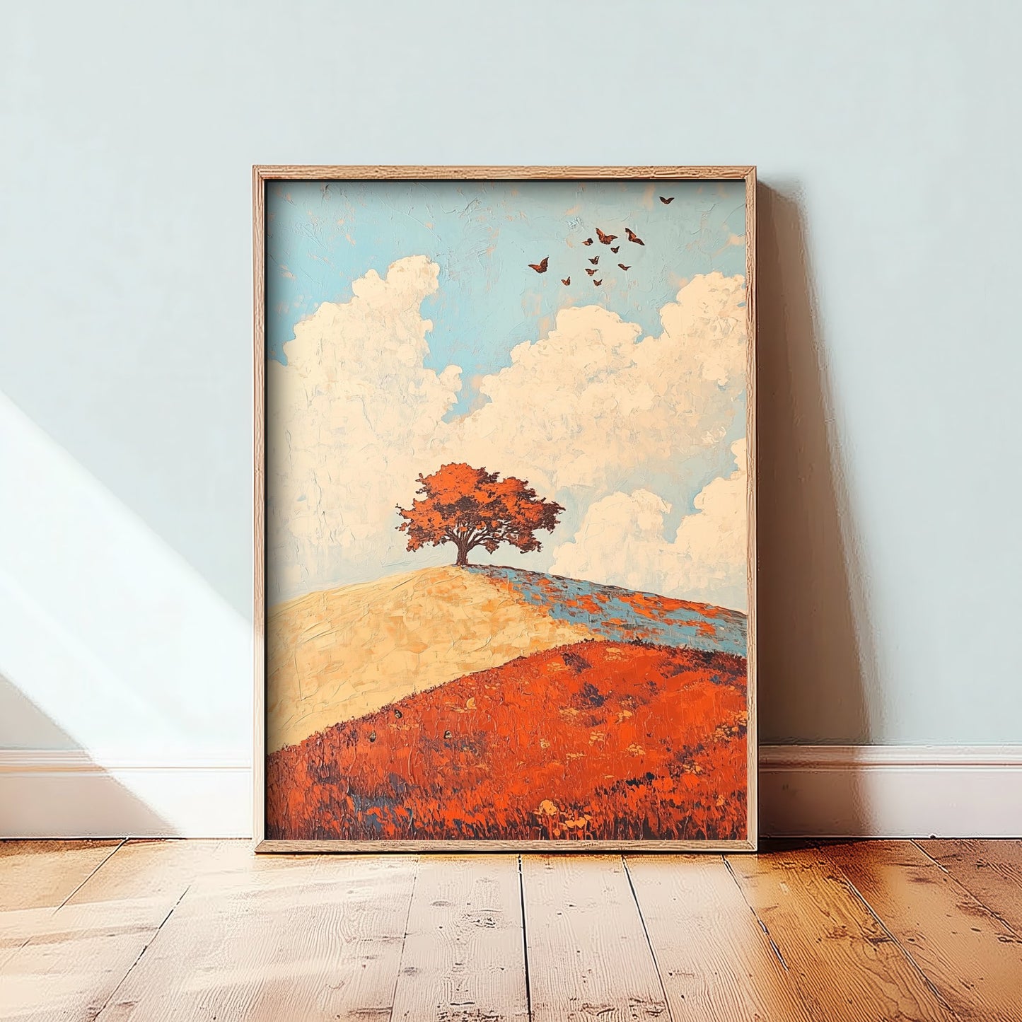 Rolling Hills Landscape Art Print - Butterfly Meadow Poster - Folk Art Painting - Persimmon Denim and Ivory 3/3