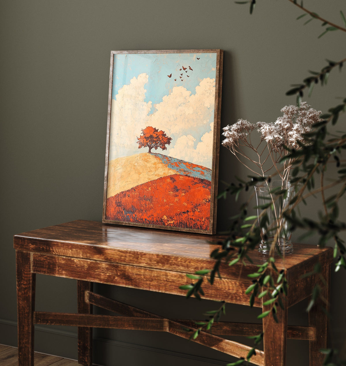 Rolling Hills Landscape Art Print - Butterfly Meadow Poster - Folk Art Painting - Persimmon Denim and Ivory 3/3