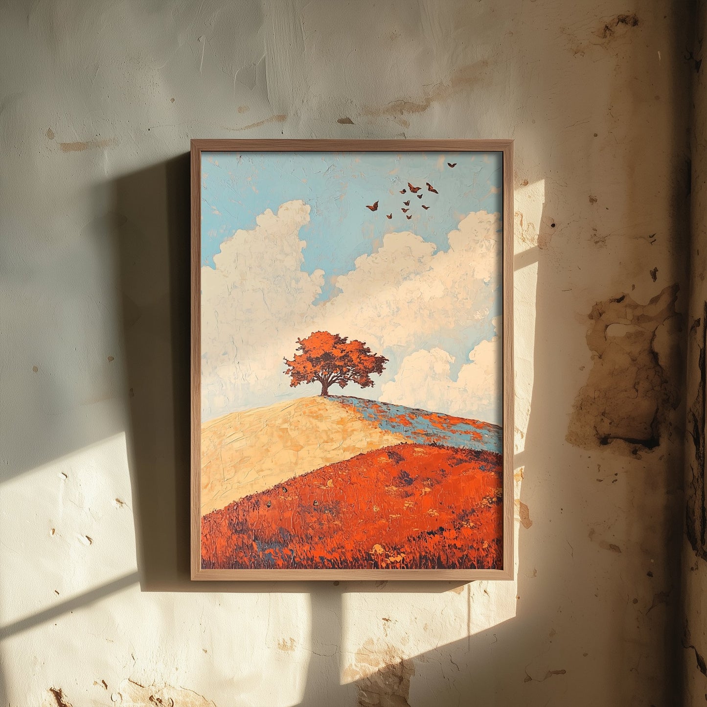 Rolling Hills Landscape Art Print - Butterfly Meadow Poster - Folk Art Painting - Persimmon Denim and Ivory 3/3
