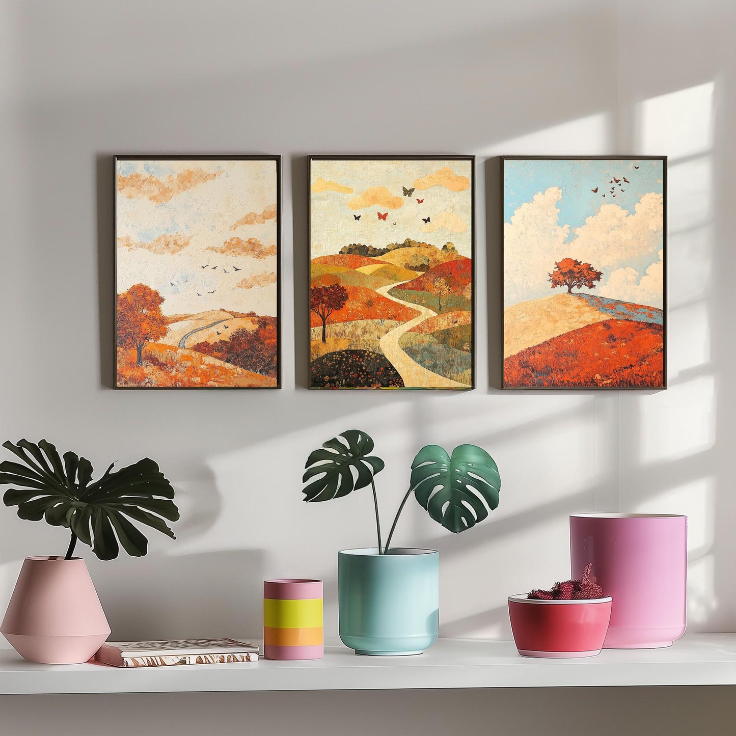 Rolling Hills Butterfly Set of Three Art Prints - Persimmon Denim and Ivory - Folk Meadow Poster Illustration Gift