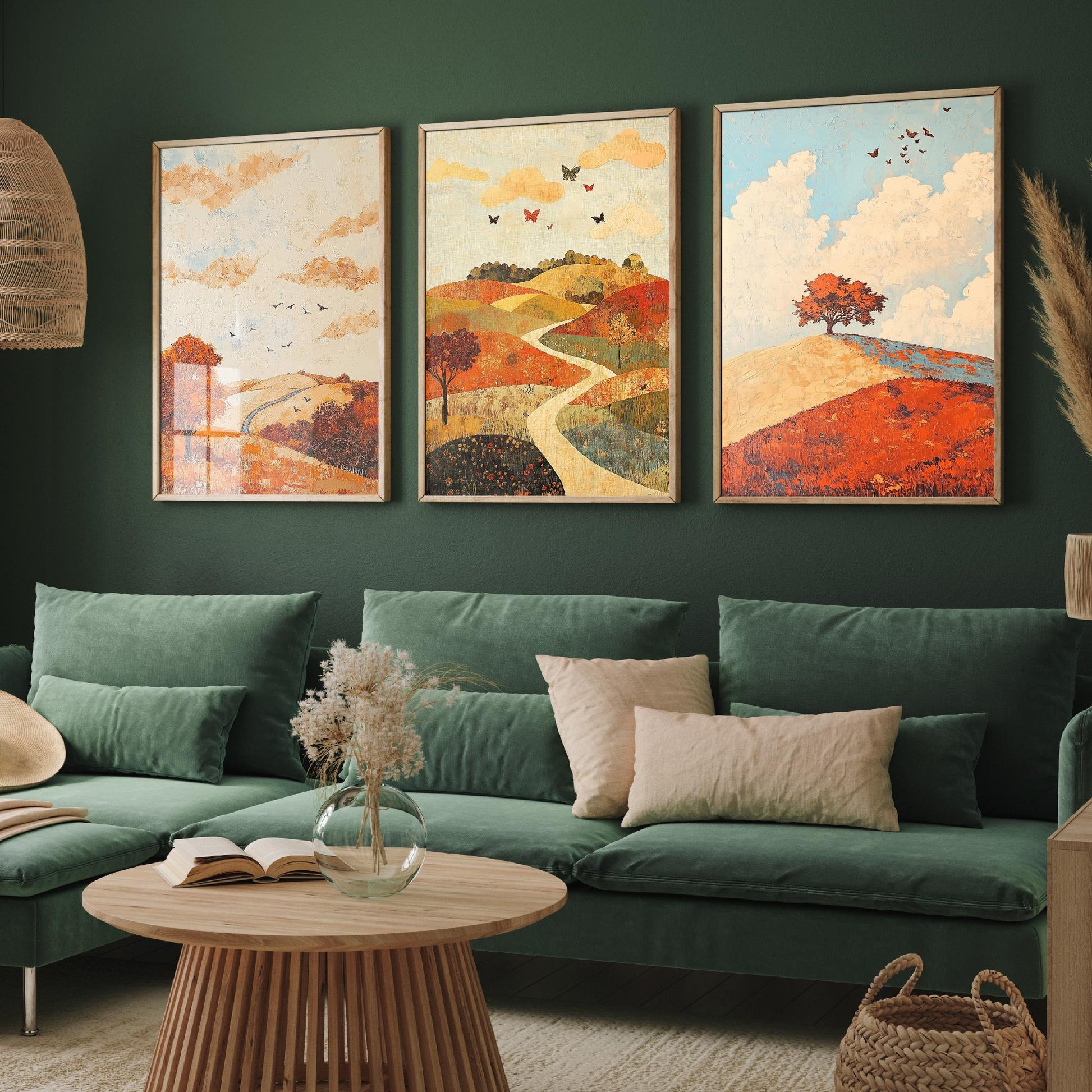 Rolling Hills Butterfly Set of Three Art Prints - Persimmon Denim and Ivory - Folk Meadow Poster Illustration Gift