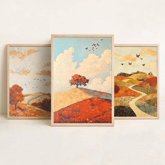Rolling Hills Butterfly Set of Three Art Prints - Persimmon Denim and Ivory - Folk Meadow Poster Illustration Gift