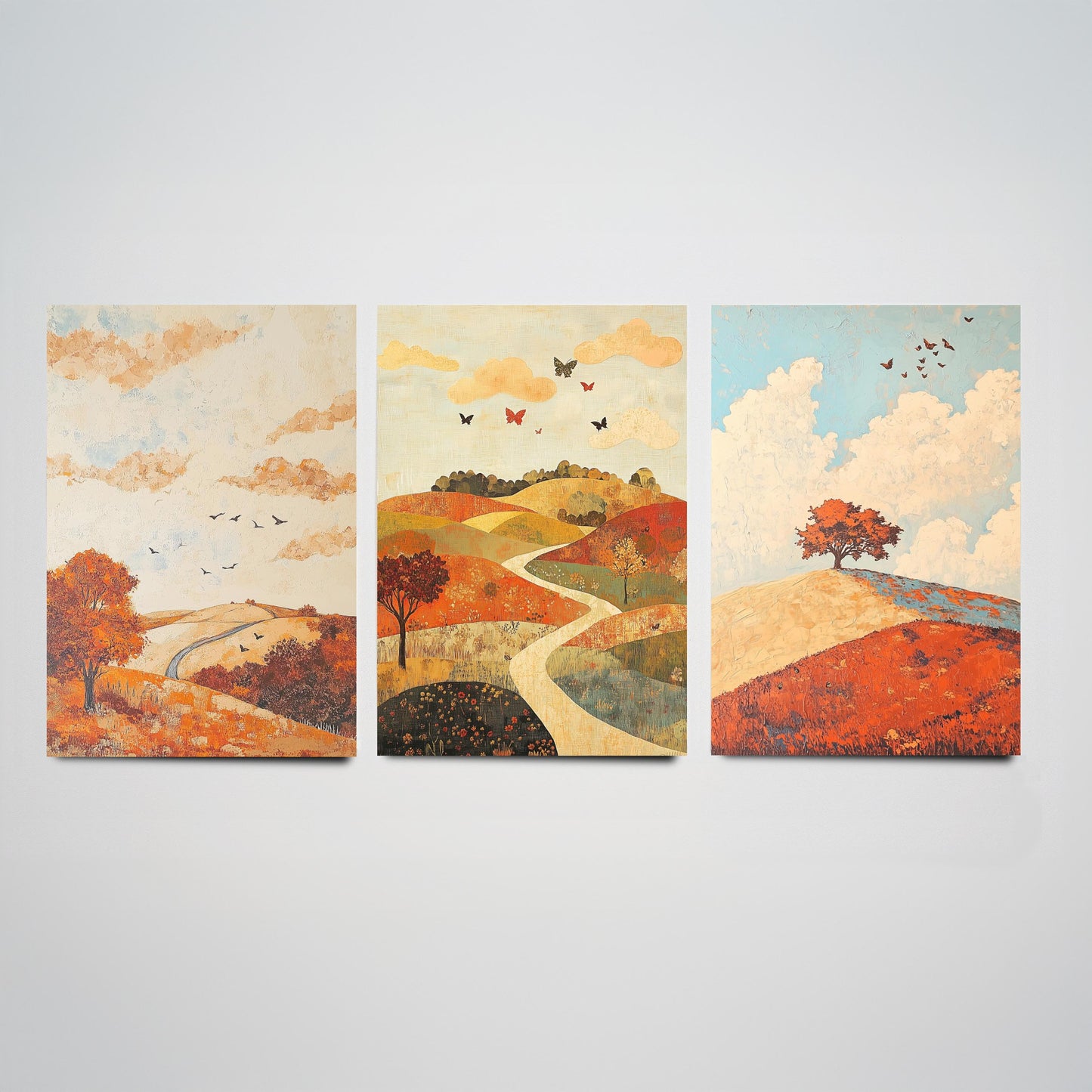 Rolling Hills Butterfly Set of Three Art Prints - Persimmon Denim and Ivory - Folk Meadow Poster Illustration Gift