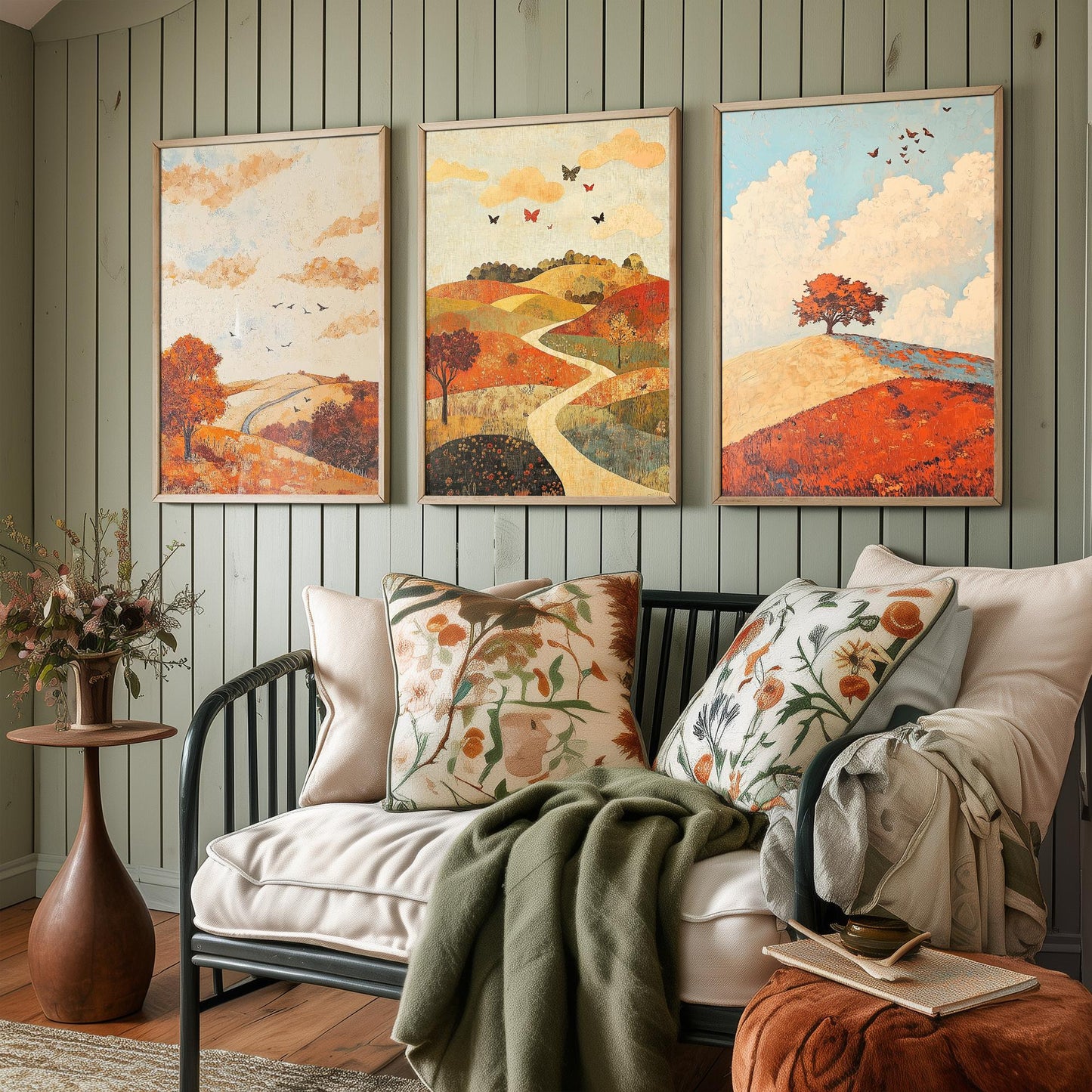 Rolling Hills Butterfly Set of Three Art Prints - Persimmon Denim and Ivory - Folk Meadow Poster Illustration Gift