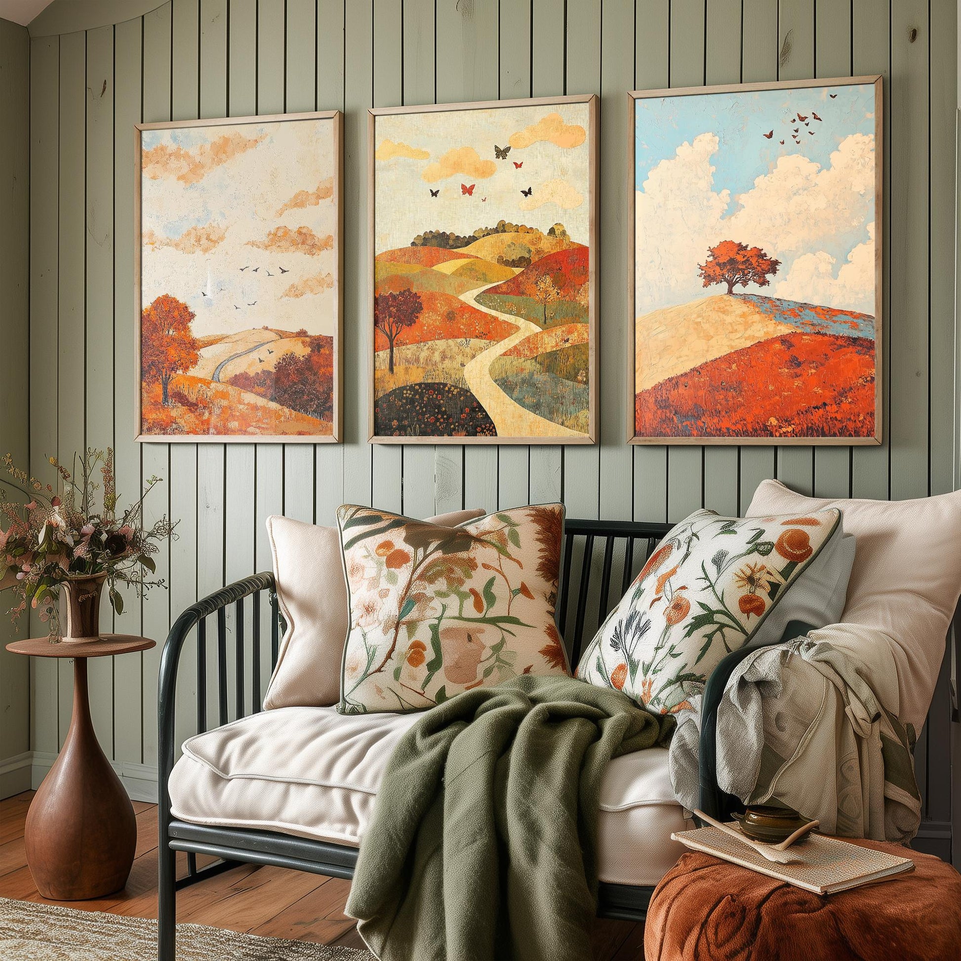 Rolling Hills Butterfly Set of Three Art Prints - Persimmon Denim and Ivory - Folk Meadow Poster Illustration Gift