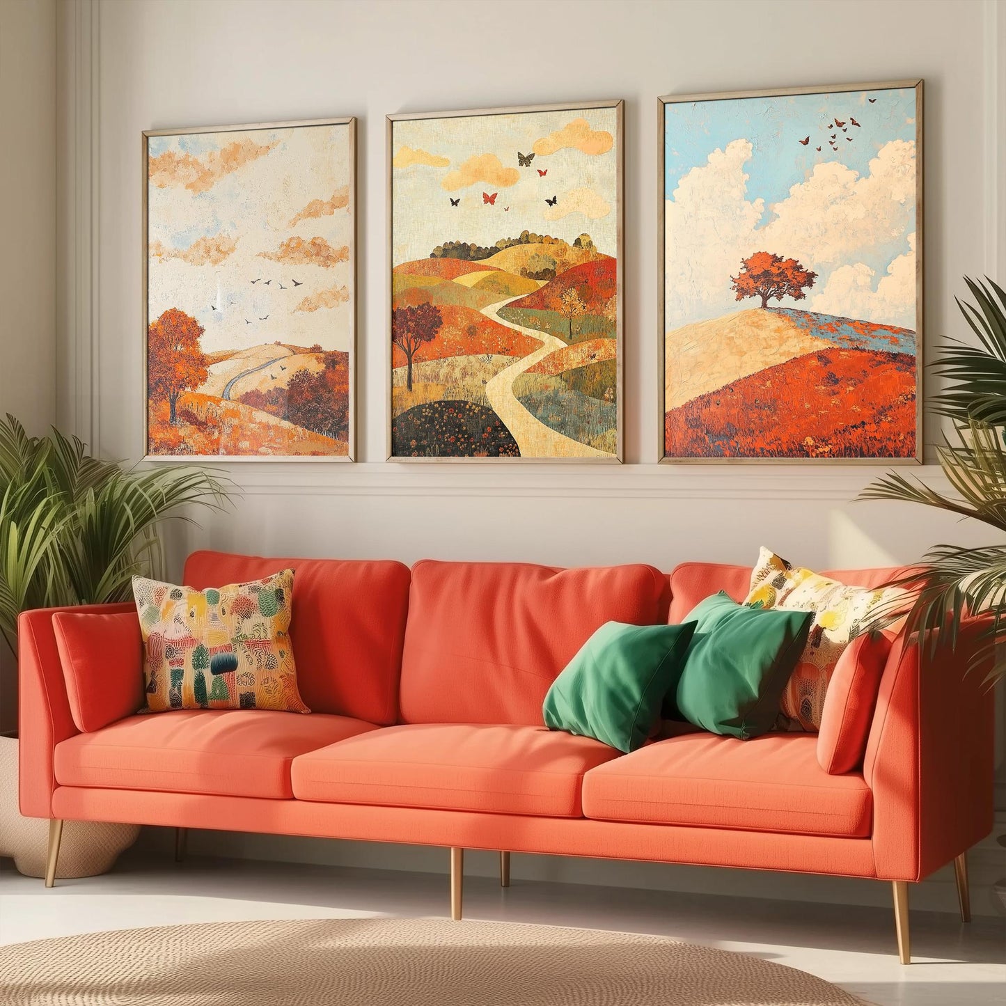 Rolling Hills Butterfly Set of Three Art Prints - Persimmon Denim and Ivory - Folk Meadow Poster Illustration Gift