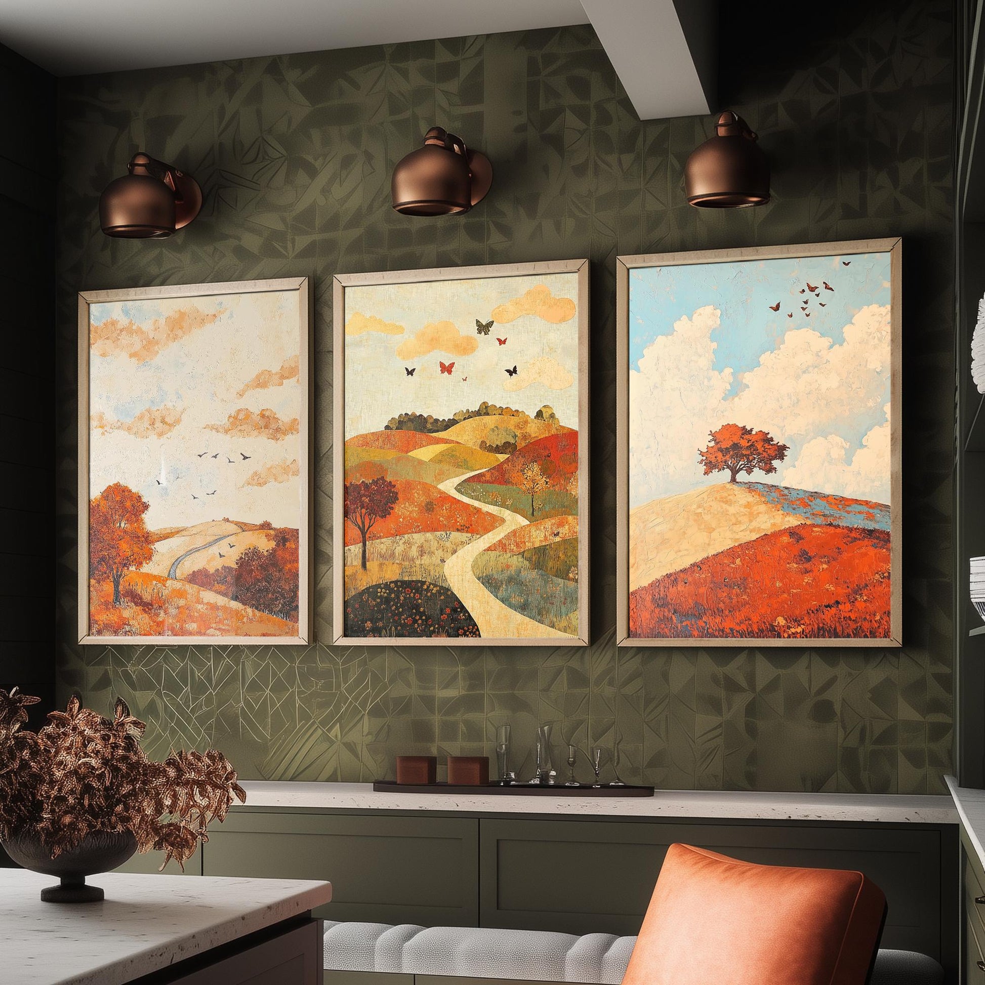 Rolling Hills Butterfly Set of Three Art Prints - Persimmon Denim and Ivory - Folk Meadow Poster Illustration Gift