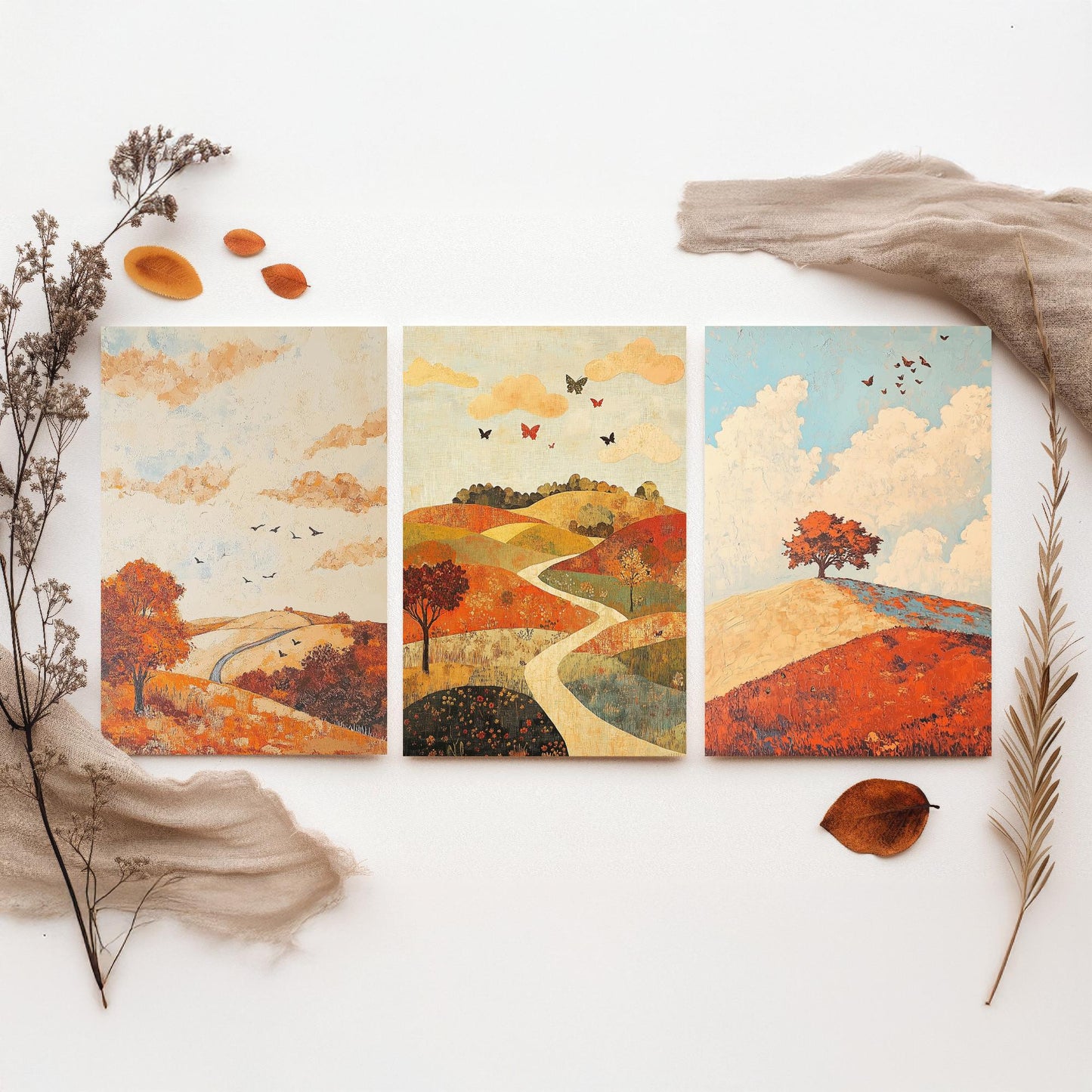 Rolling Hills Butterfly Set of Three Art Prints - Persimmon Denim and Ivory - Folk Meadow Poster Illustration Gift
