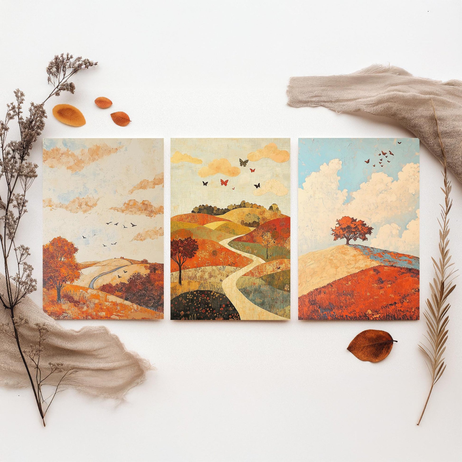 Rolling Hills Butterfly Set of Three Art Prints - Persimmon Denim and Ivory - Folk Meadow Poster Illustration Gift