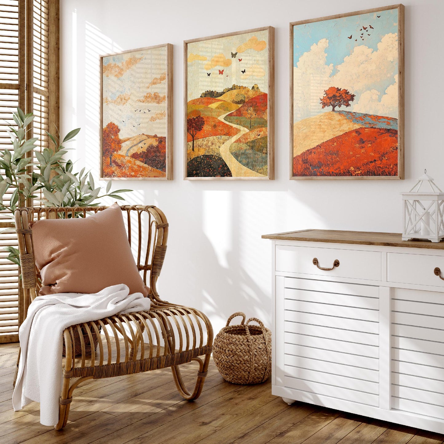Rolling Hills Butterfly Set of Three Art Prints - Persimmon Denim and Ivory - Folk Meadow Poster Illustration Gift