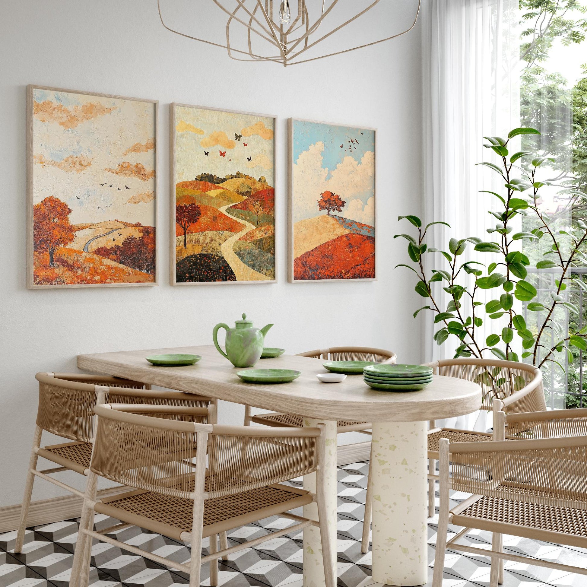 Rolling Hills Butterfly Set of Three Art Prints - Persimmon Denim and Ivory - Folk Meadow Poster Illustration Gift