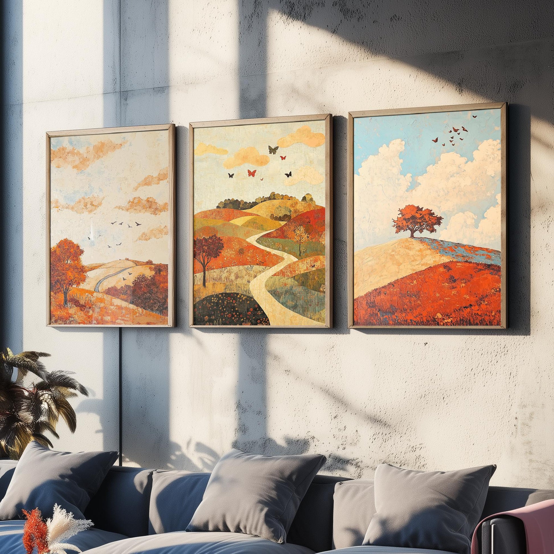 Rolling Hills Butterfly Set of Three Art Prints - Persimmon Denim and Ivory - Folk Meadow Poster Illustration Gift