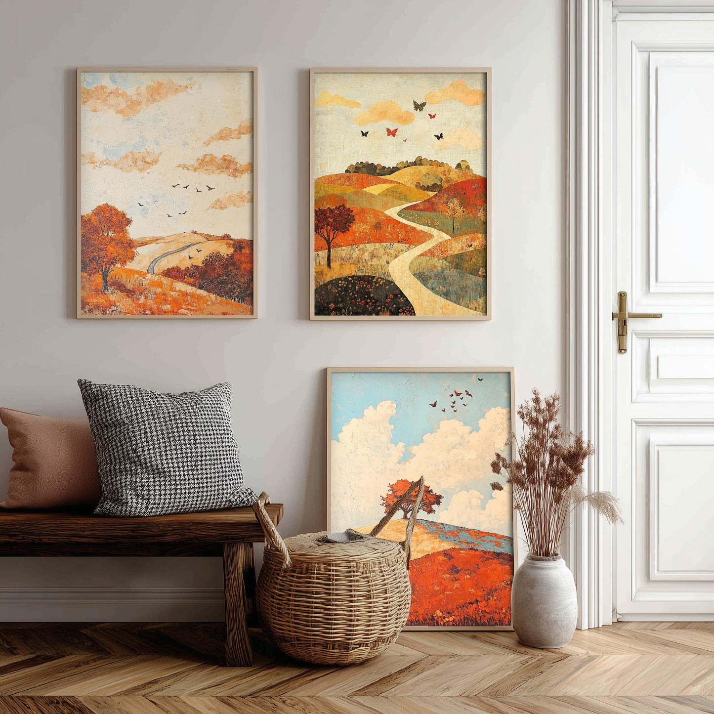 Rolling Hills Butterfly Set of Three Art Prints - Persimmon Denim and Ivory - Folk Meadow Poster Illustration Gift