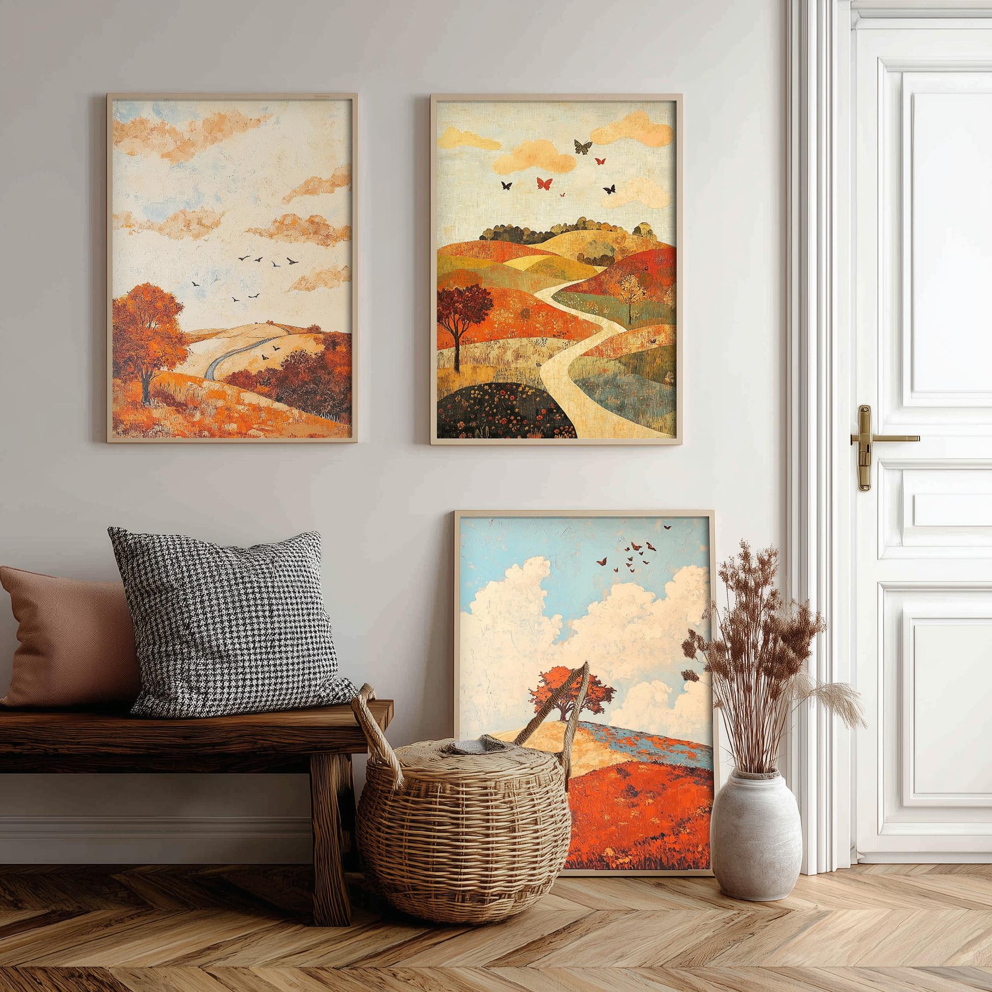 Rolling Hills Butterfly Set of Three Art Prints - Persimmon Denim and Ivory - Folk Meadow Poster Illustration Gift