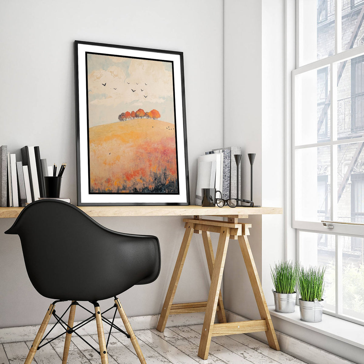 Rolling Hills Landscape Art Print - Butterfly Meadow Poster - Folk Art Painting - Pewter Coral and Smoke 1/3