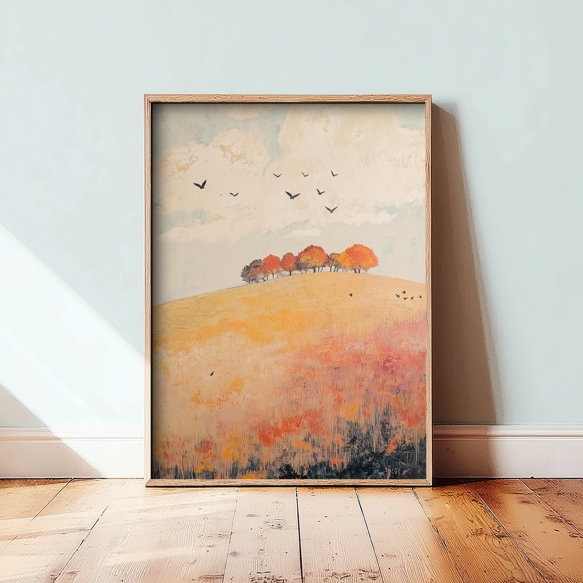 Rolling Hills Landscape Art Print - Butterfly Meadow Poster - Folk Art Painting - Pewter Coral and Smoke 1/3