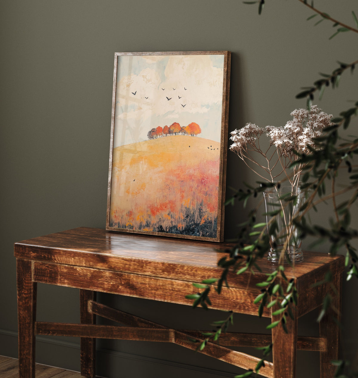 Rolling Hills Landscape Art Print - Butterfly Meadow Poster - Folk Art Painting - Pewter Coral and Smoke 1/3