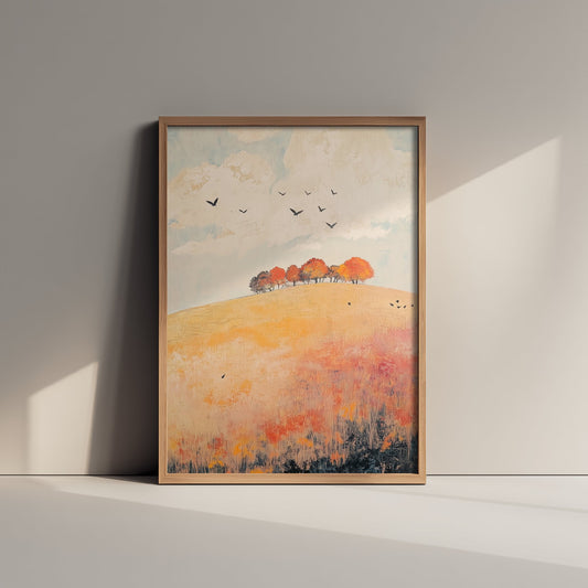 Rolling Hills Landscape Art Print - Butterfly Meadow Poster - Folk Art Painting - Pewter Coral and Smoke 1/3