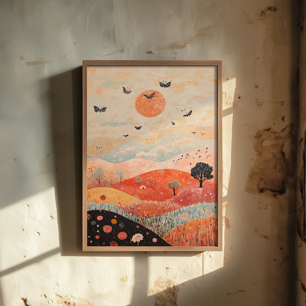 Rolling Hills Landscape Art Print - Butterfly Meadow Poster - Folk Art Painting - Pewter Coral and Smoke 2/3