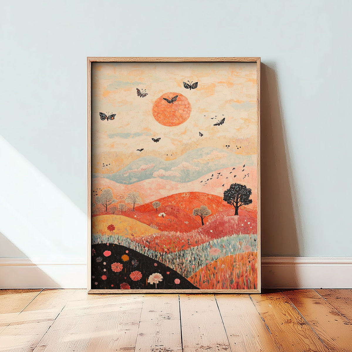 Rolling Hills Landscape Art Print - Butterfly Meadow Poster - Folk Art Painting - Pewter Coral and Smoke 2/3