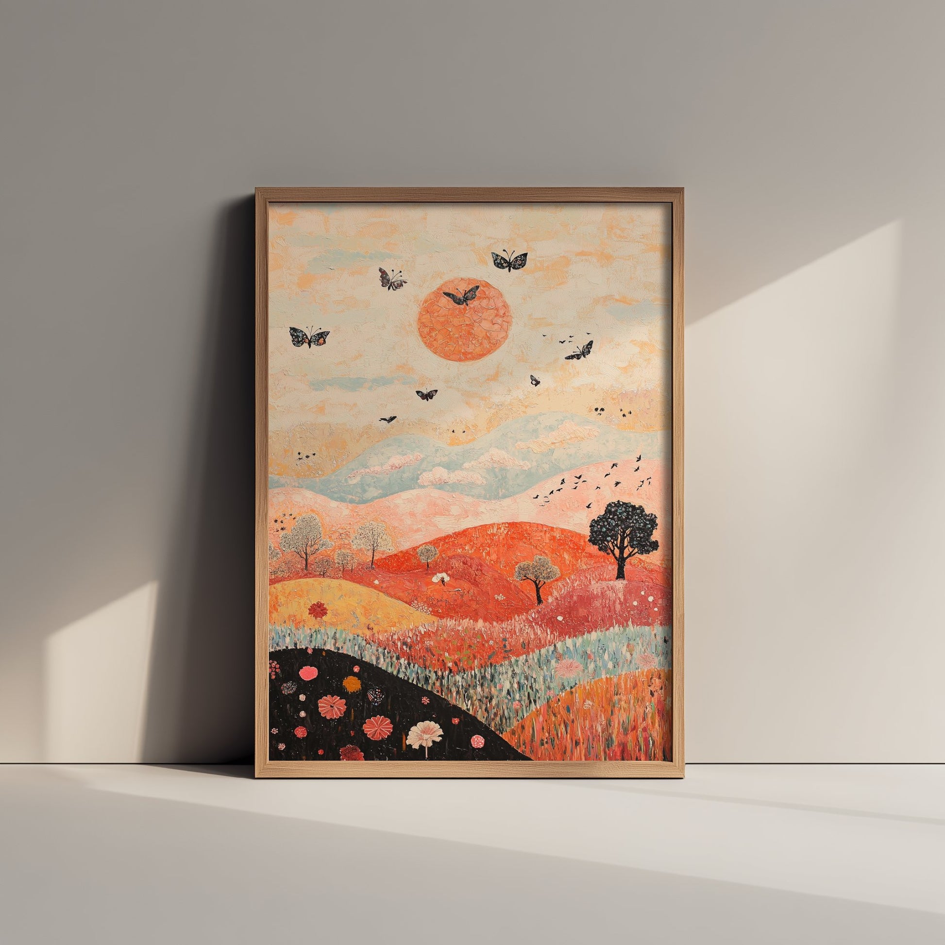 Rolling Hills Landscape Art Print - Butterfly Meadow Poster - Folk Art Painting - Pewter Coral and Smoke 2/3
