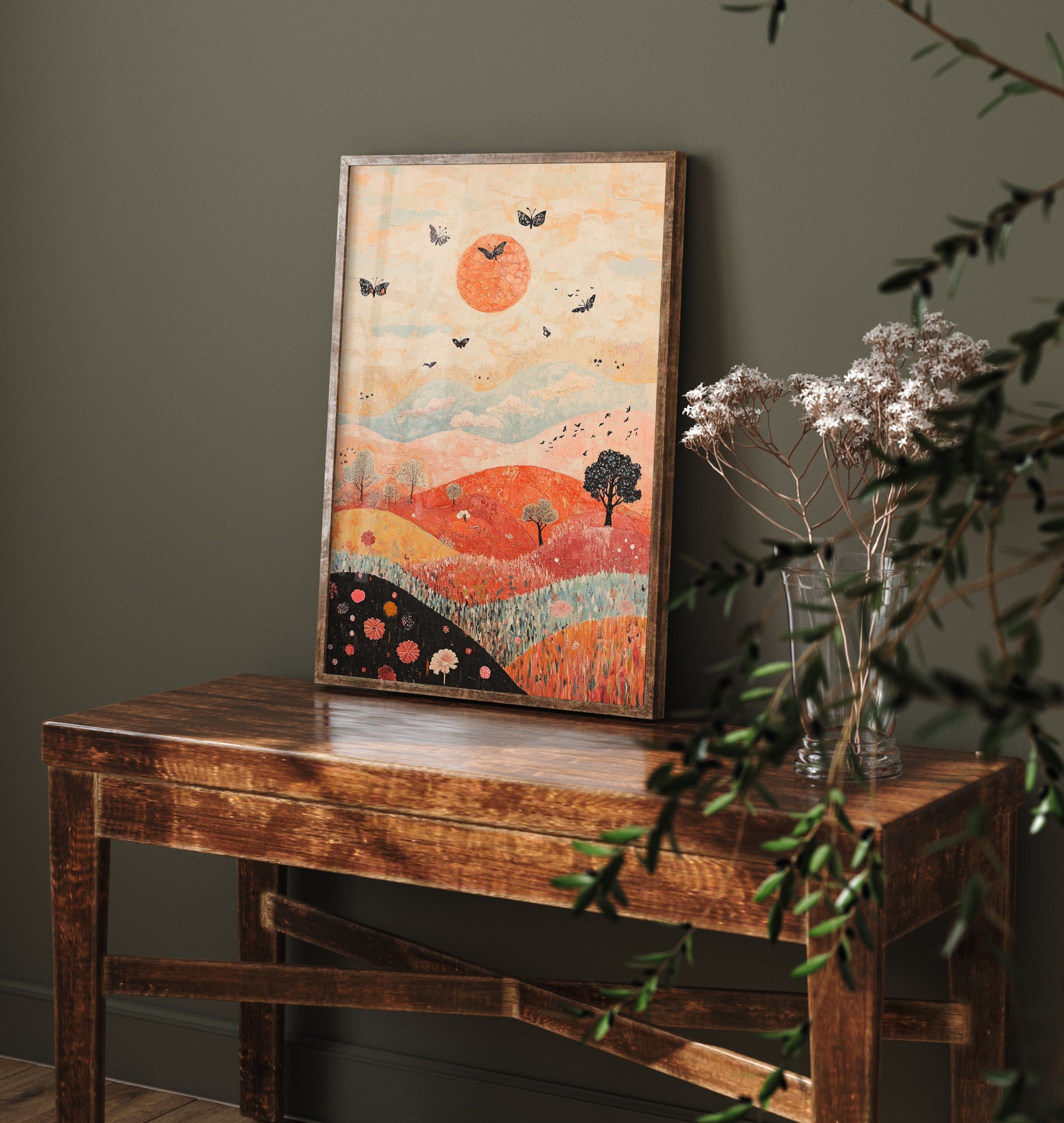 Rolling Hills Landscape Art Print - Butterfly Meadow Poster - Folk Art Painting - Pewter Coral and Smoke 2/3