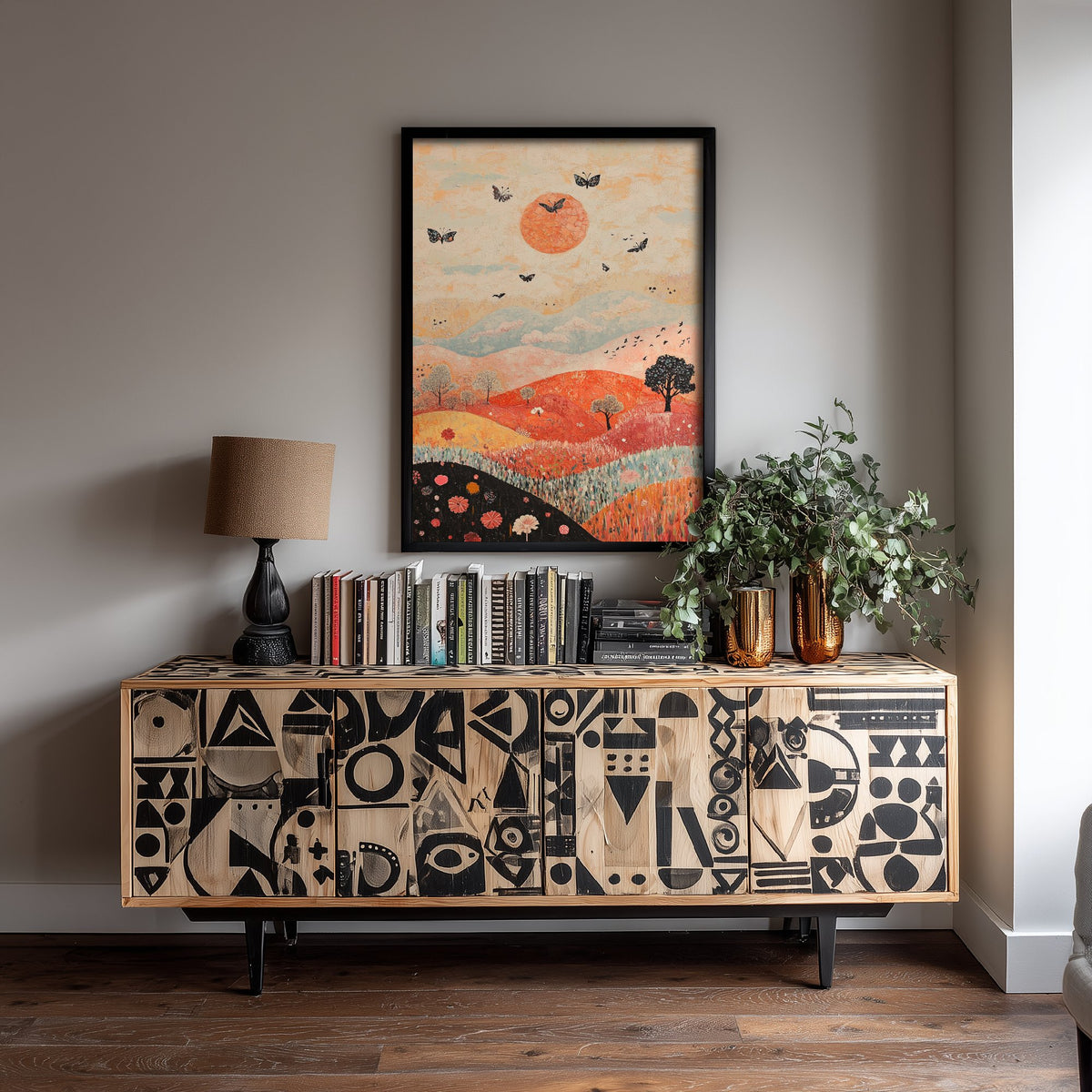 Rolling Hills Landscape Art Print - Butterfly Meadow Poster - Folk Art Painting - Pewter Coral and Smoke 2/3