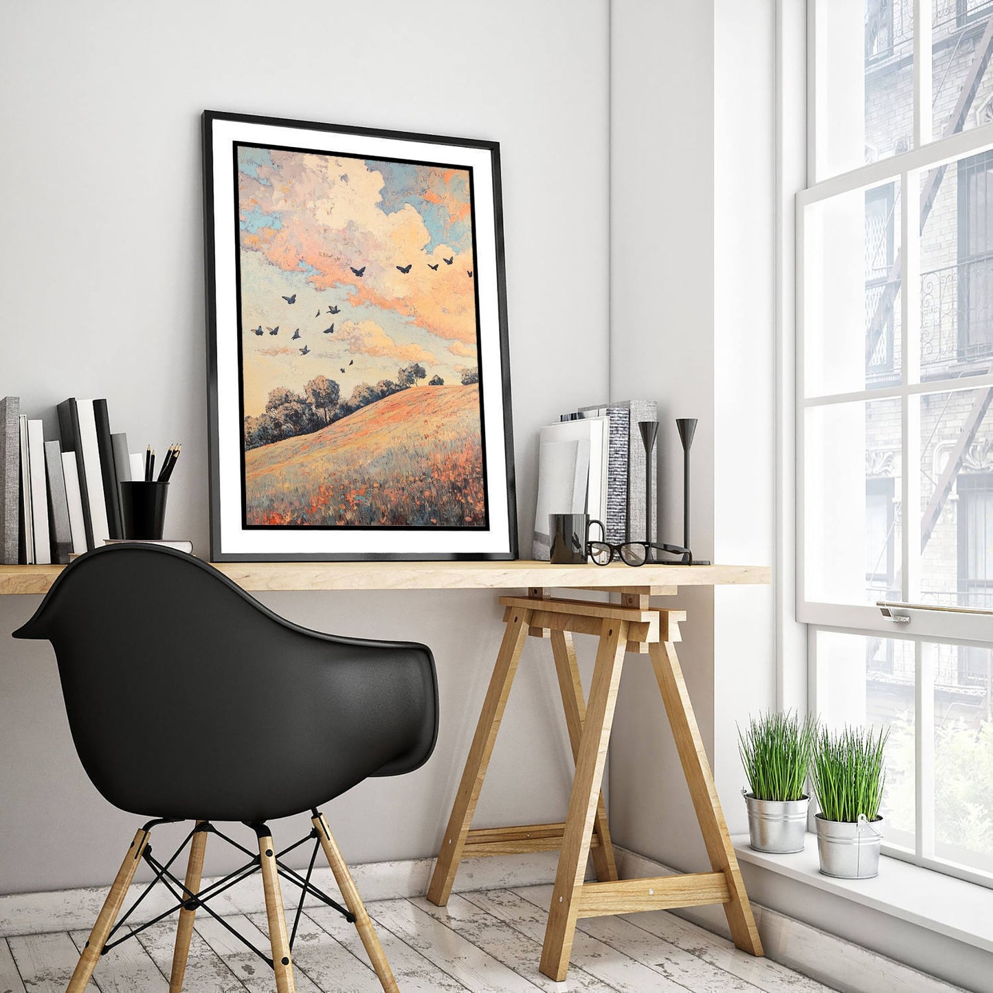 Rolling Hills Landscape Art Print - Butterfly Meadow Poster - Folk Art Painting - Pewter Coral and Smoke 3/3