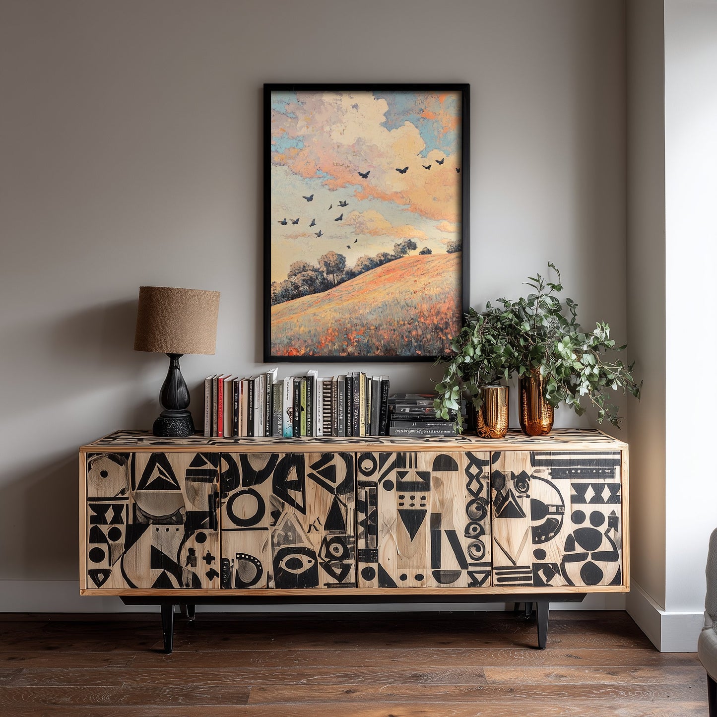 Rolling Hills Landscape Art Print - Butterfly Meadow Poster - Folk Art Painting - Pewter Coral and Smoke 3/3