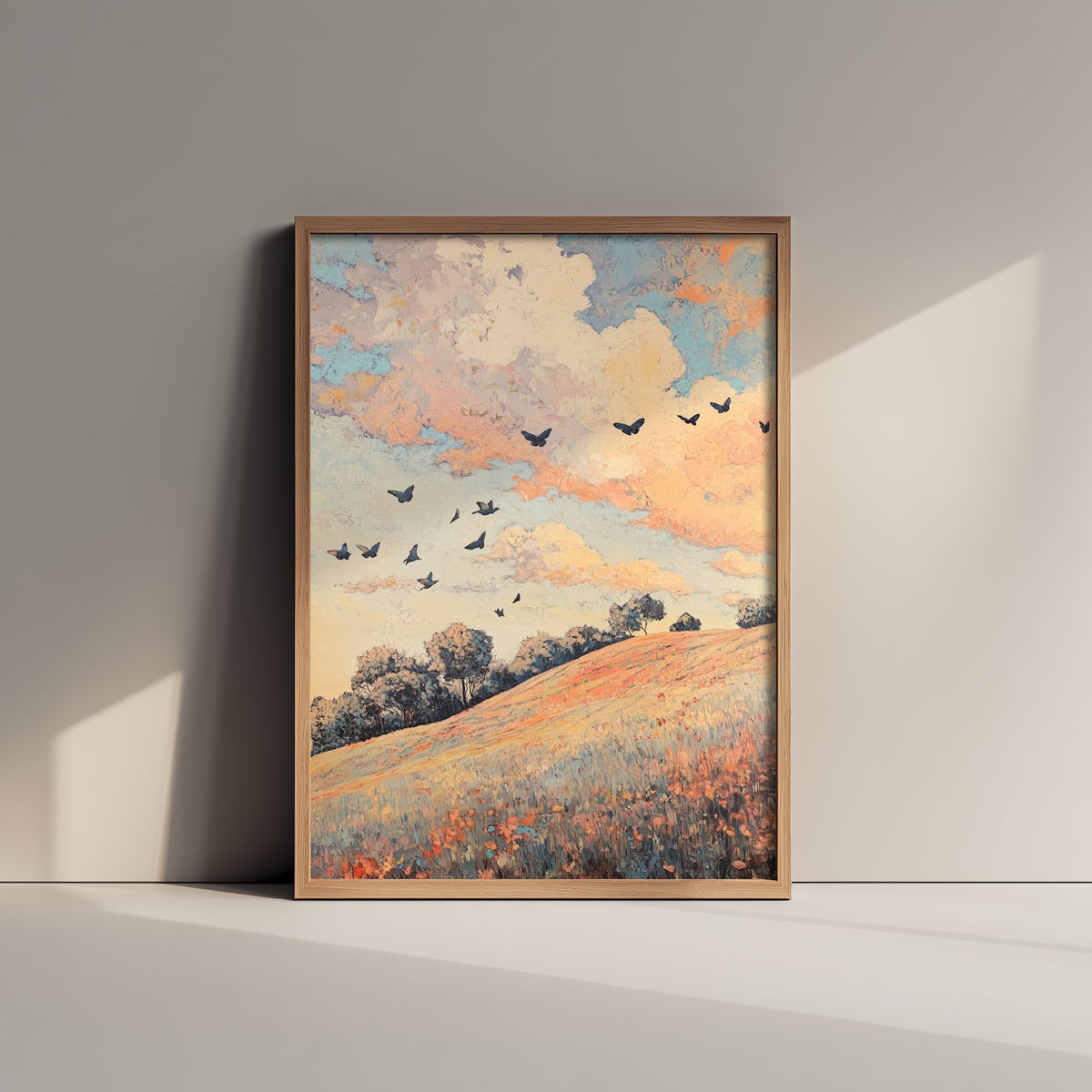 Rolling Hills Landscape Art Print - Butterfly Meadow Poster - Folk Art Painting - Pewter Coral and Smoke 3/3