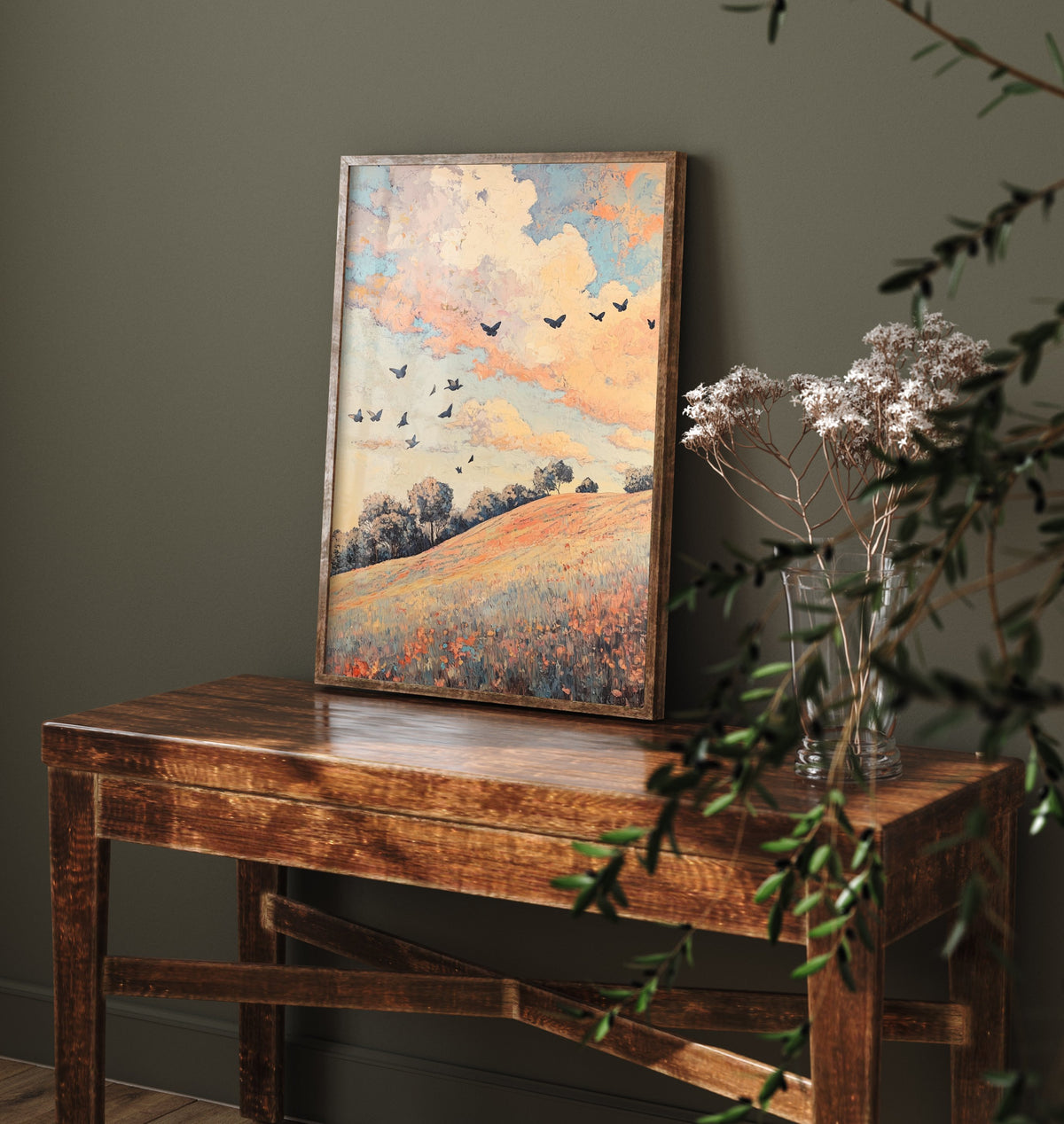 Rolling Hills Landscape Art Print - Butterfly Meadow Poster - Folk Art Painting - Pewter Coral and Smoke 3/3
