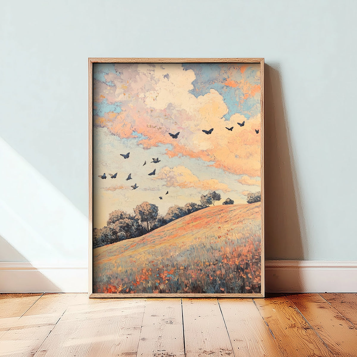 Rolling Hills Landscape Art Print - Butterfly Meadow Poster - Folk Art Painting - Pewter Coral and Smoke 3/3