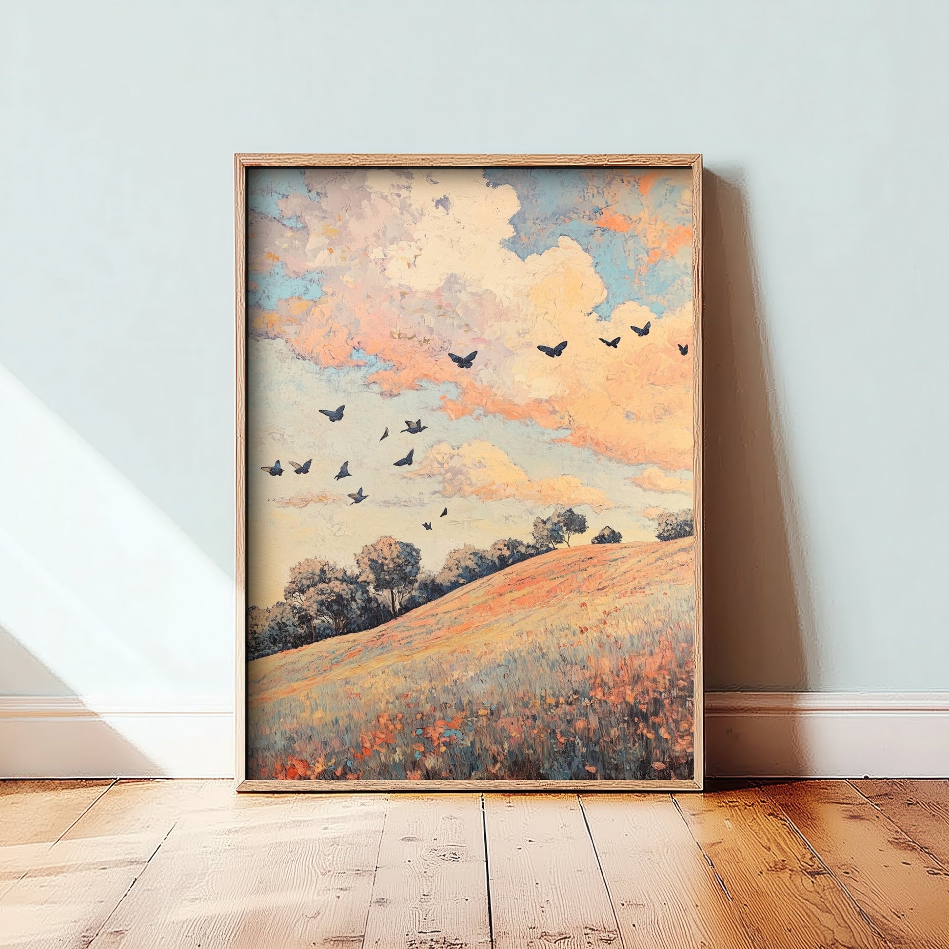 Rolling Hills Landscape Art Print - Butterfly Meadow Poster - Folk Art Painting - Pewter Coral and Smoke 3/3