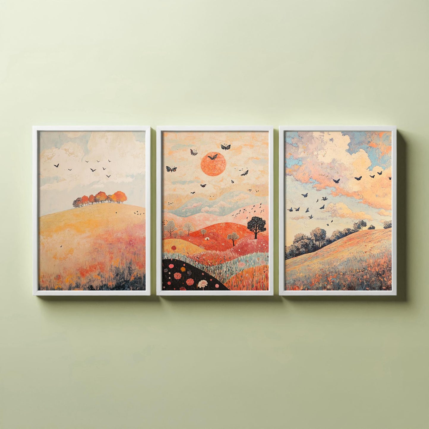 Rolling Hills Butterfly Set of Three Art Prints - Pewter Coral and Smoke - Folk Meadow Poster Illustration Gift