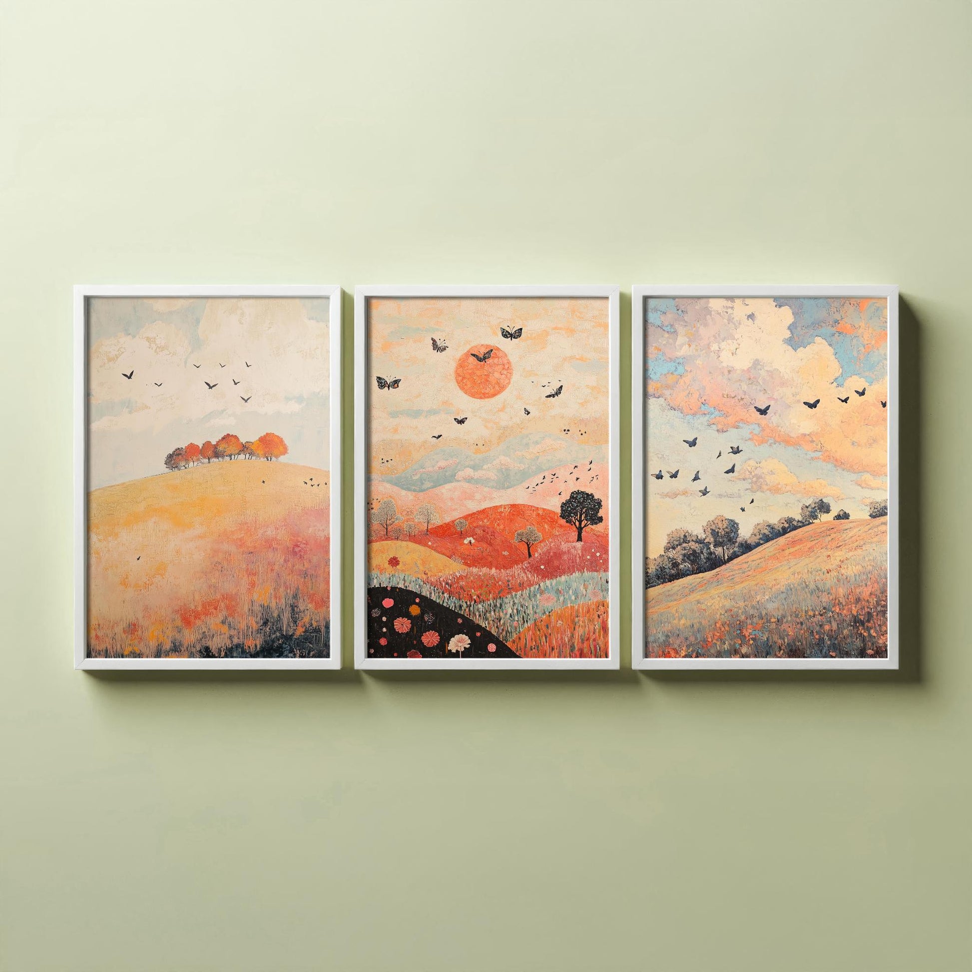 Rolling Hills Butterfly Set of Three Art Prints - Pewter Coral and Smoke - Folk Meadow Poster Illustration Gift