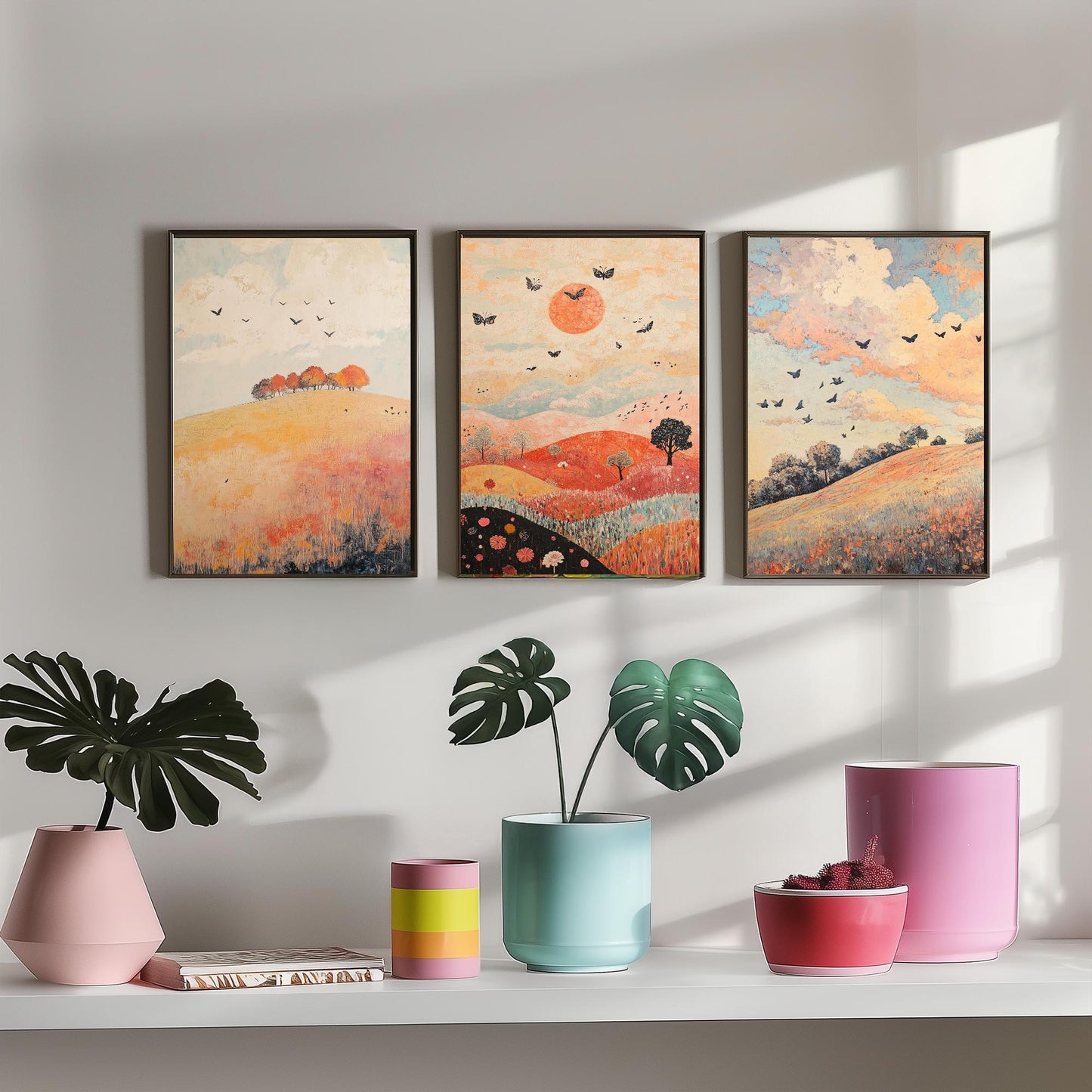 Rolling Hills Butterfly Set of Three Art Prints - Pewter Coral and Smoke - Folk Meadow Poster Illustration Gift